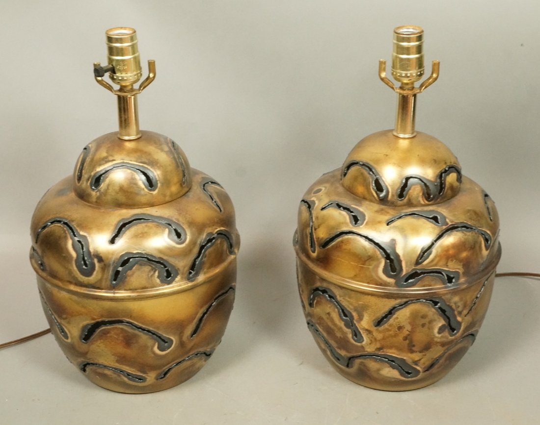 Pr Brutalist Welded Metal Lamps. Ginger Jar form.: Pr Brutalist Welded Metal Lamps. Ginger Jar form. Pierced welded design. -- Dimensions: H: 17 inches: W: 9 inches: D: 9 inches ---