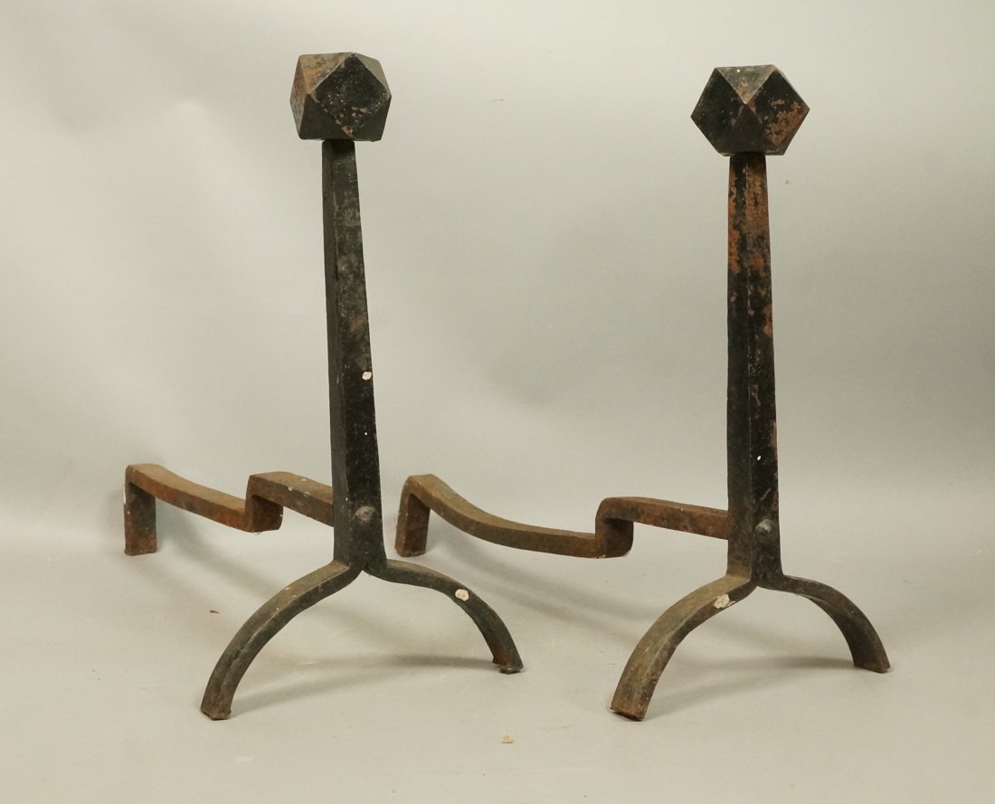 Pr Iron Modernist Andirons. Octagonal ball detail (1 of 7)