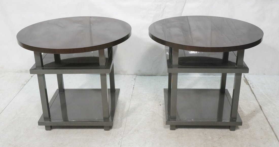 Pr Gray Lacquer Side End Tables. Round Top on Squ (1 of 7)