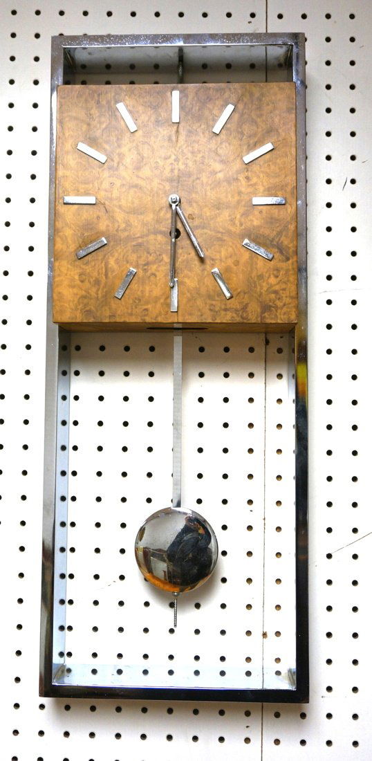 Modernist Chrome Wall Clock. Wood Block Face. Pen (1 of 10)
