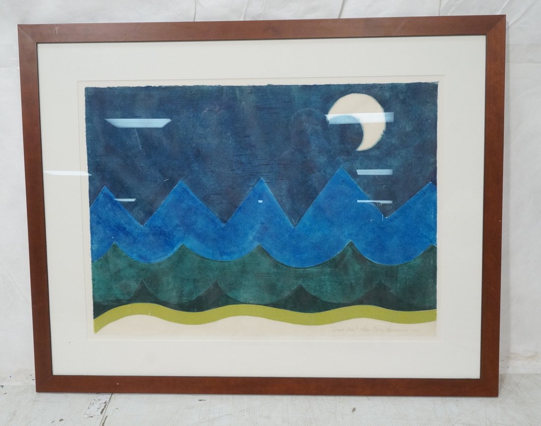 TERRY PARMALEE 1977 Print. "Lime Ice" 11/50. Larg: TERRY PARMALEE 1977 Print. "Lime Ice" 11/50. Large Graphic Print of waves in blue, green palette. Crescent Moon. Pencil signed. -- Dimensions: H: 22 inches: W: 30 inches ---