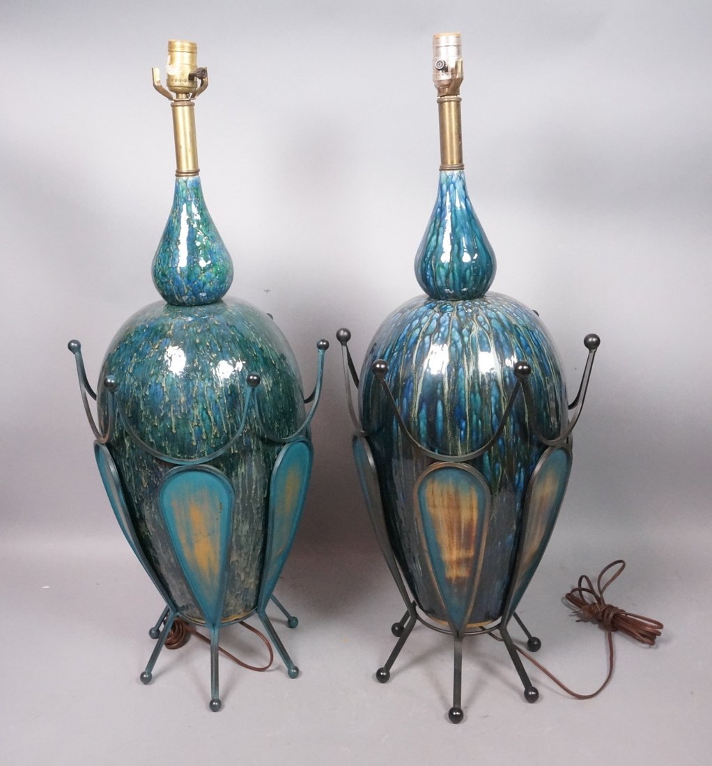 Pr Blue drip glaze pottery Lamps. Metal decorativ (1 of 10)