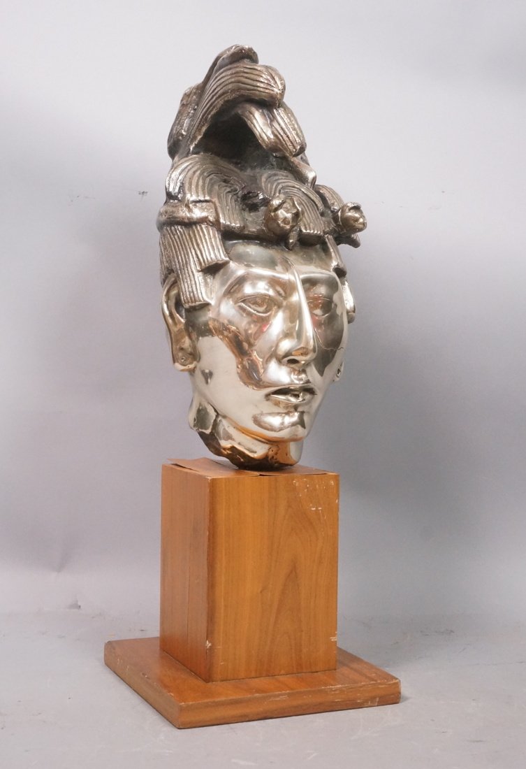 Mexican Warrior Sculptural Bust Head. Silvered Br (1 of 10)