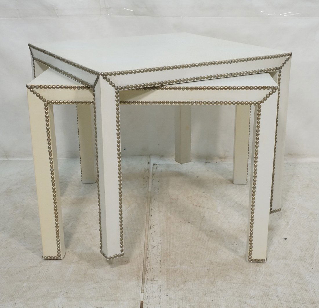 Pr White Vinyl Silver Stud Side Tables. Square. F (1 of 10)