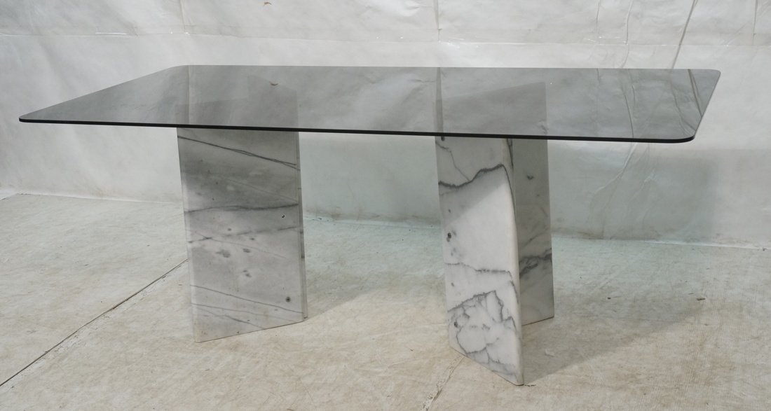 Smoked Glass Dining Table. Double "V" Marble Pede (1 of 10)