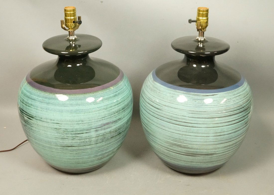 Pr Turquoise Bulbous Pottery Lamps. Modernist Cer (1 of 8)