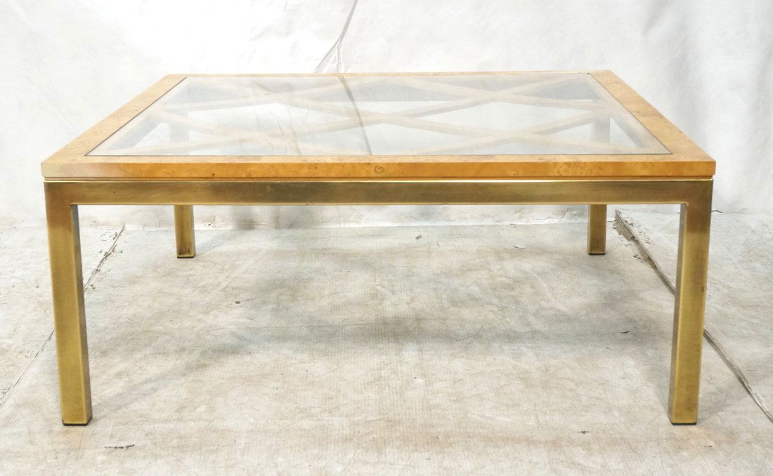 Brass & Burl Wood Square Cocktail Table. Wood lat (1 of 8)
