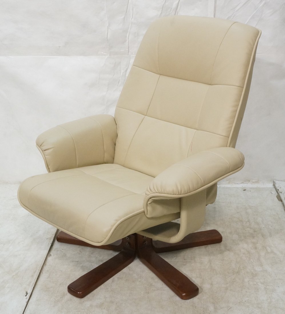 BENCHMASTER Modernist style Reclining Lounge Chai: BENCHMASTER Modernist style Reclining Lounge Chair. Beige Leather. Swivel. Wood four foot base. -- Dimensions: H: 36 inches: W: 32 inches: D: 31 inches ---