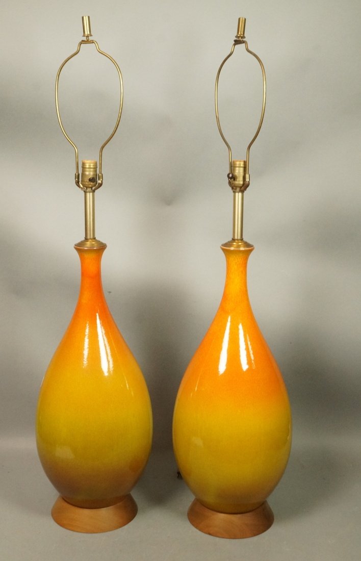 Pr Large Pottery Modernist Table Lamps. Yellow Or (1 of 6)