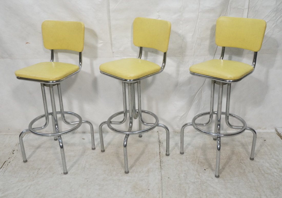 Set 3 50's Modern Bar Stools. Yellow vinyl on chr (1 of 9)