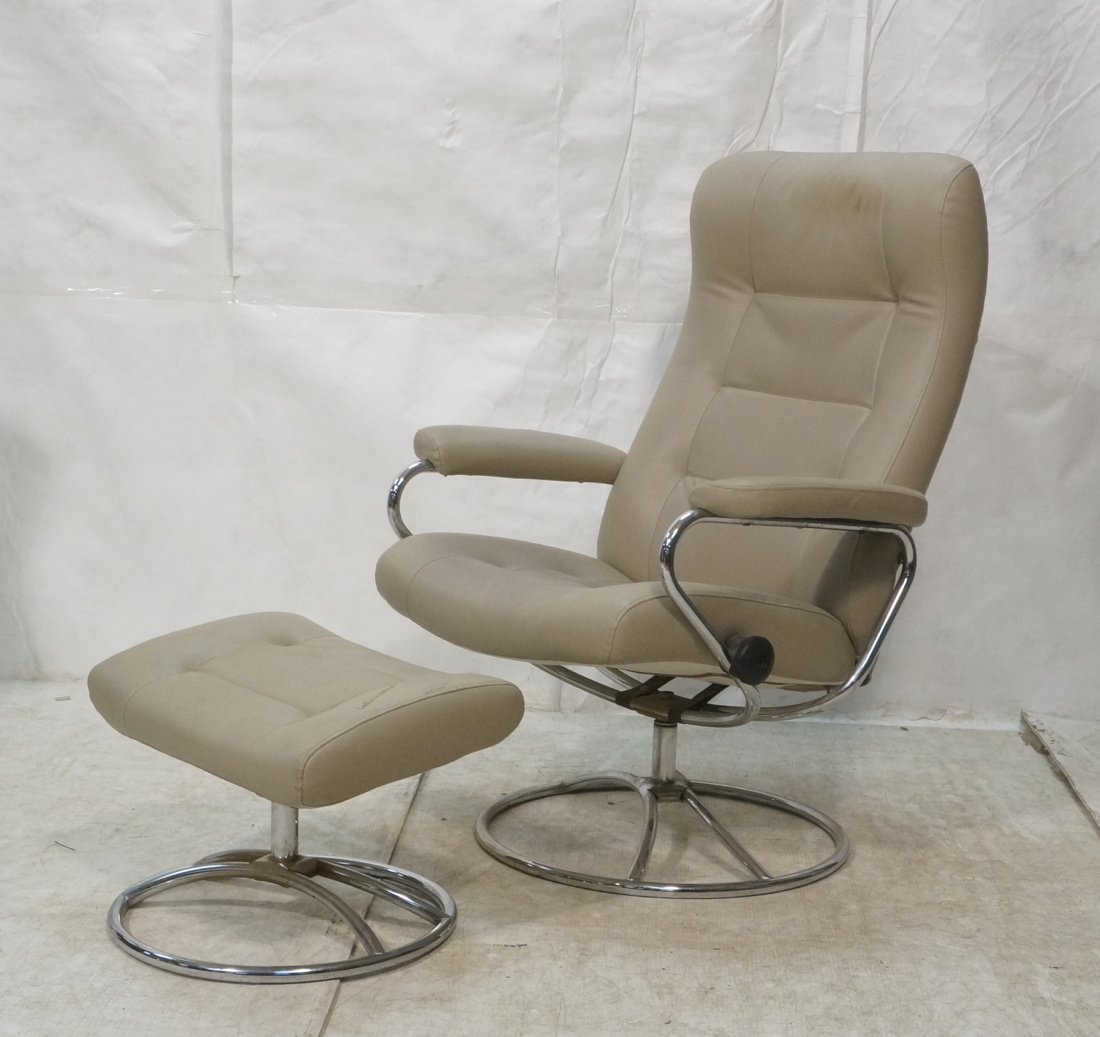 Beige Vinyl Recliner Lounge Chair & Ottoman. Upho (1 of 8)