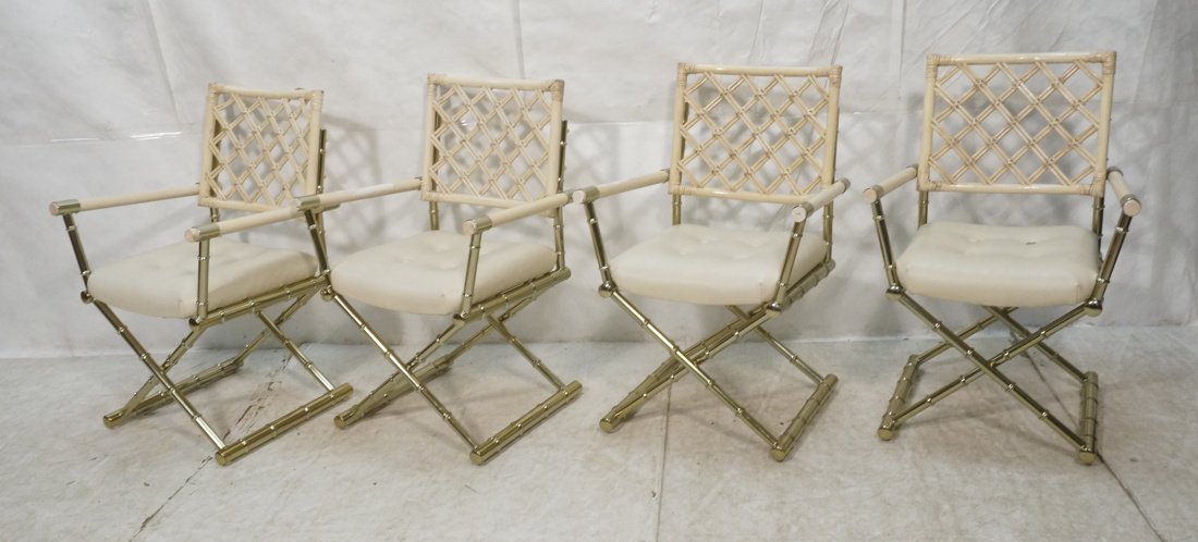 Set 4 Metal Faux Bamboo Dining Chairs. All with a: Set 4 Metal Faux Bamboo Dining Chairs. All with arms. Cream vinyl seats. Paint finish woven rattan Lattice backs. Not Marked. -- Dimensions: H: 36 inches: W: 24 inches: D: 21 inches ---