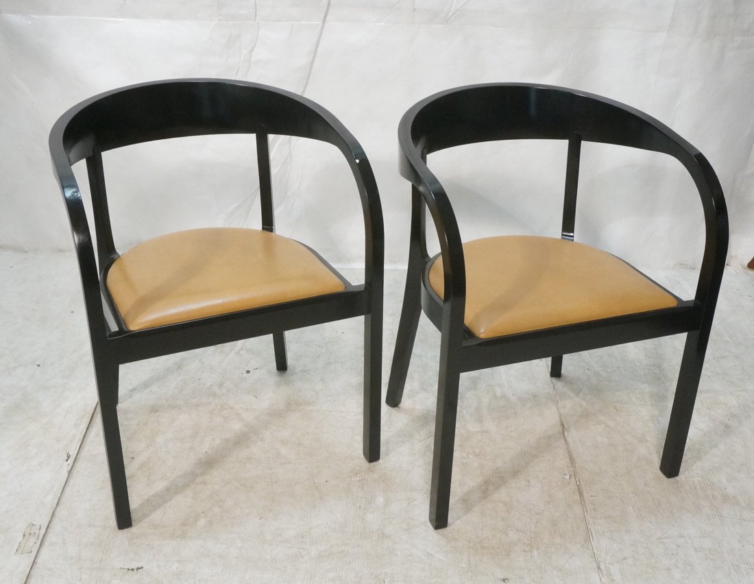 Pr Barrel Back GETAMA Danish Modern Chairs. Black: Pr Barrel Back GETAMA Danish Modern Chairs. Black ebonized frame with vinyl seat. OKAMURA & MARQUARDSEN Fabric label. -- Dimensions: H: 28.5 inches: W: 22 inches: D: 21 inches ---