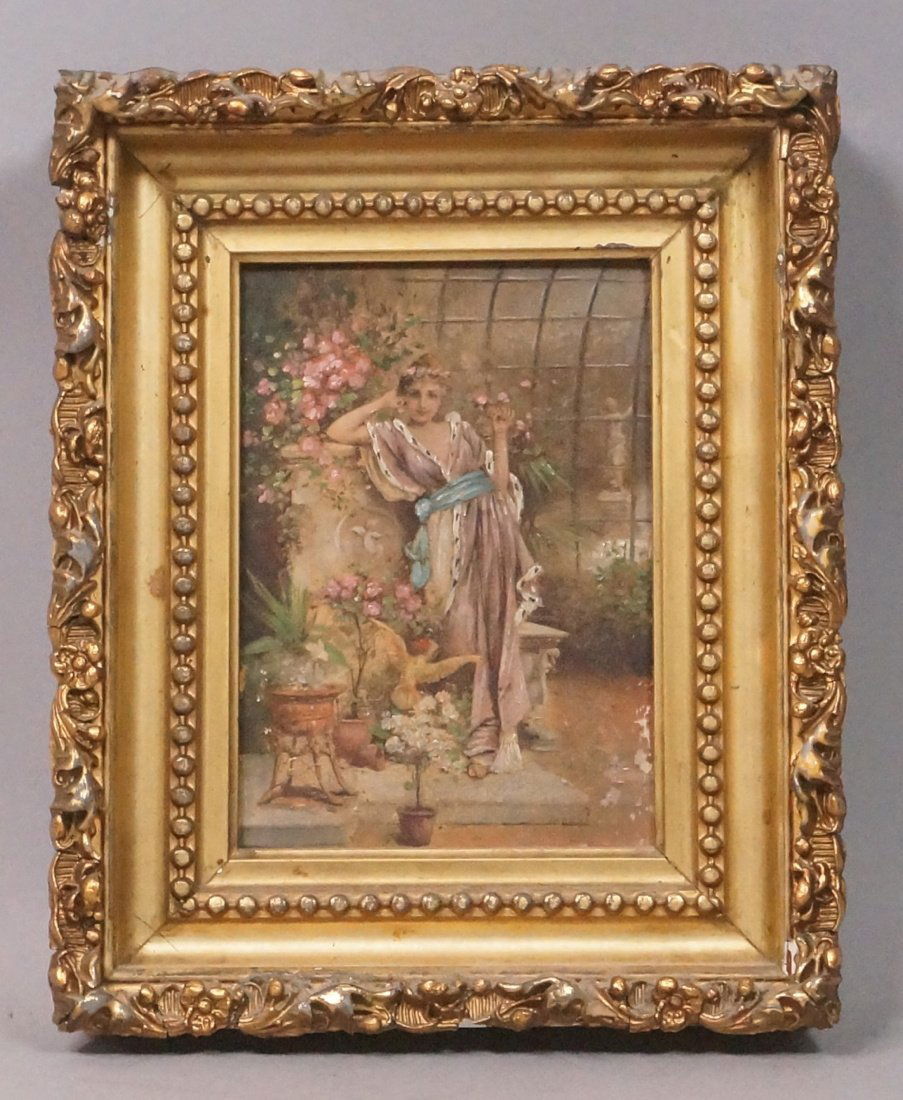 Small Oil Painting. Woman In Greenhouse Solarium. (1 of 7)