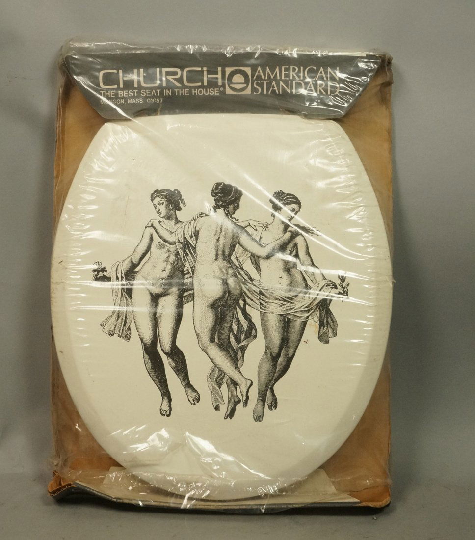 PIERO FORNASETTI style Toilet Seat. "Three Graces: PIERO FORNASETTI style Toilet Seat. "Three Graces" . In original packaging. Made by Church. Italian style. -- Dimensions: H: 16.25 inches: W: 14.75 inches --- US Shipping charge: $35