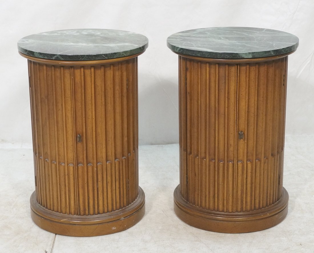 Pr Fluted Column Side Tables. Green Marble Round (1 of 10)