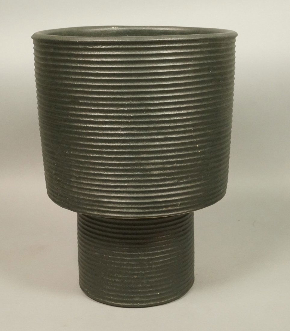 Swedish Pottery Vase. Heavy ribbed vessel with da (1 of 6)