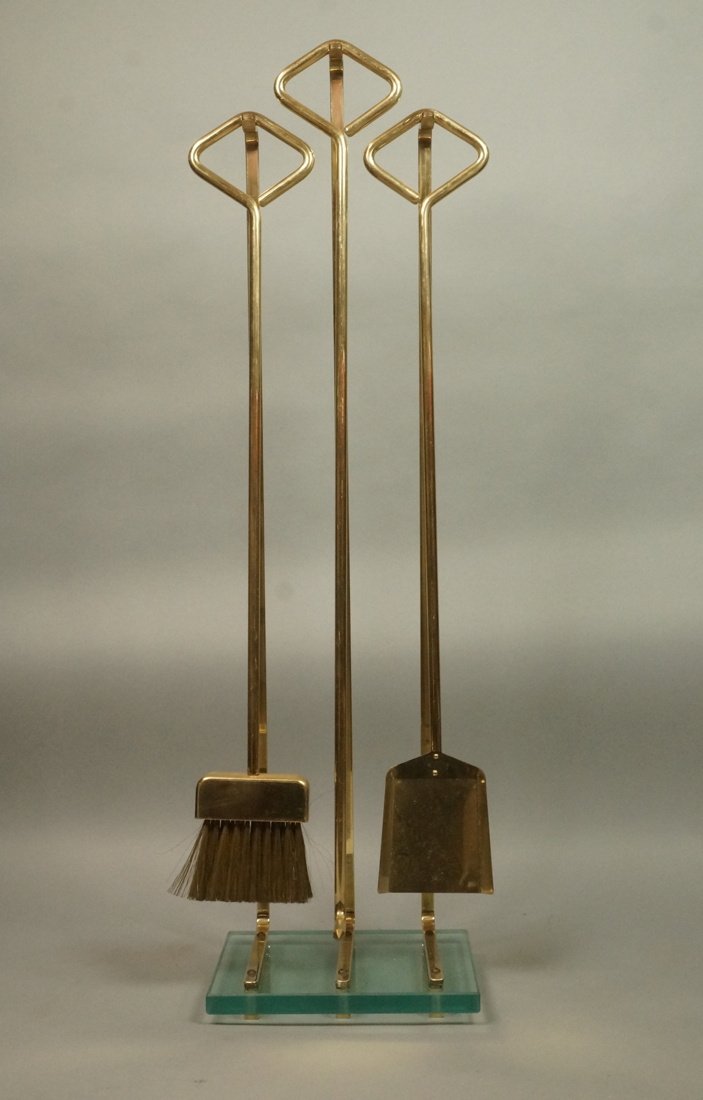 Brass & Glass Fireplace Tools Set. Stand & 3 tool (1 of 6)