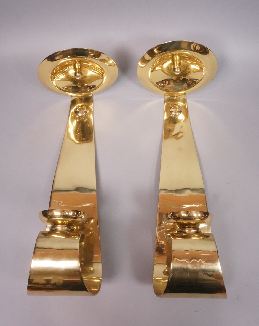 Pr Heavy Brass Wall Candle Sconces. Flared form. (1 of 9)