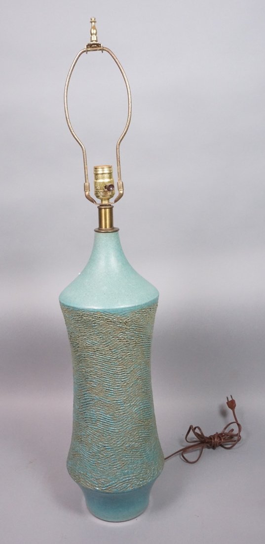 Modernist Textured Aqua Glazed Pottery Table Lamp (1 of 7)