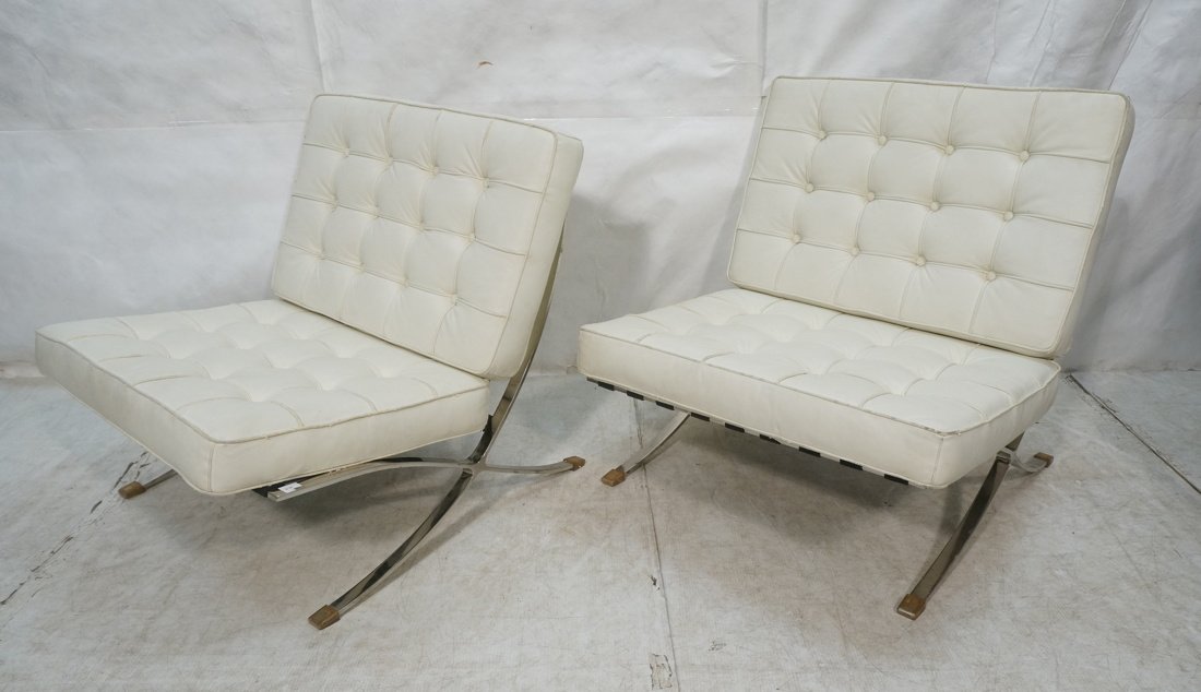 Pr BARCELONA style Chairs. Flat chrome frames. Wh (1 of 5)