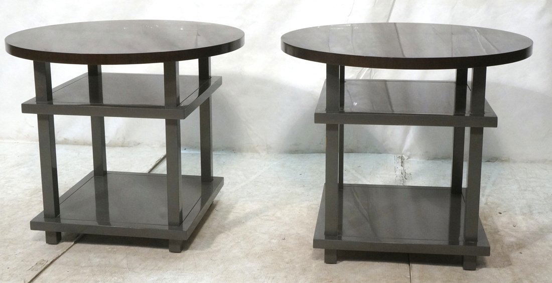 Pr Gray Lacquer Side End Tables. Round Top on Squ (1 of 8)