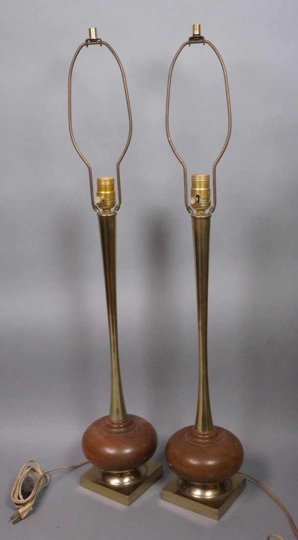 Pr Tall Brass Lamps with Wood Ball Elements. (1 of 7)