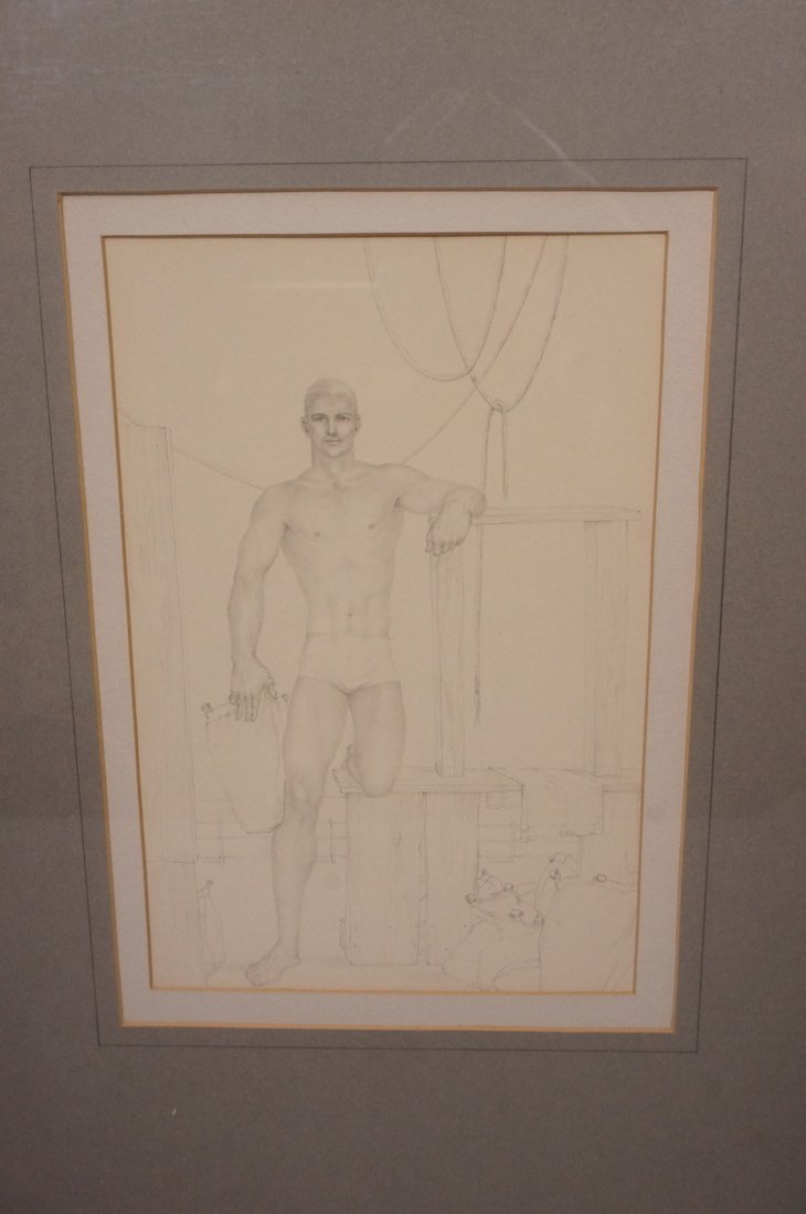 JOHN LEAR Male Nude Pencil Drawing. Signed. Male: JOHN LEAR Male Nude Pencil Drawing. Signed. Male Acrobat. Pencil signed. JOHN LEAR was a 20th c Philadelphia area artist. -- Dimensions: Image Size: H: 10 inches: W: 6.5 inches ---