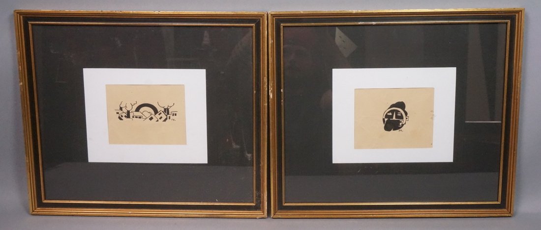 Pr Ink Drawing signed F.R. 1) Tribal Face or Mask (1 of 8)