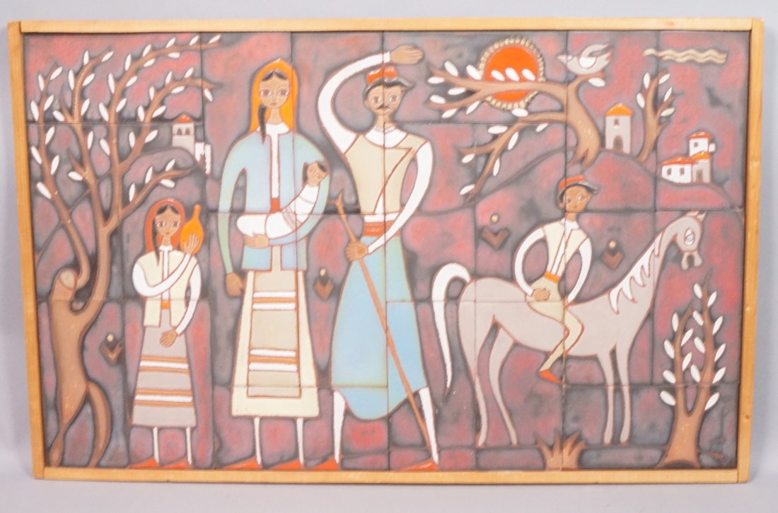 Glazed Tile Wall Plaque. Image of Family with Hor (1 of 7)
