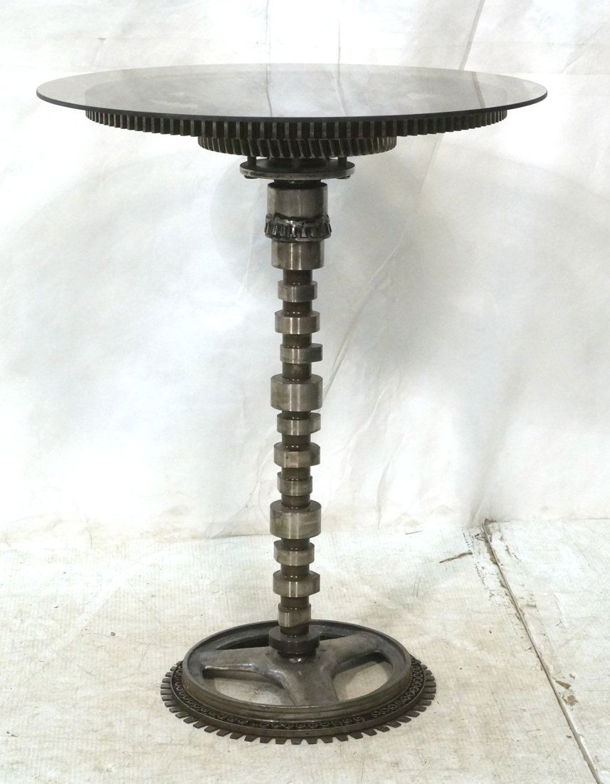Industrial Gear Side Pedestal Table. Glass Top. C (1 of 9)