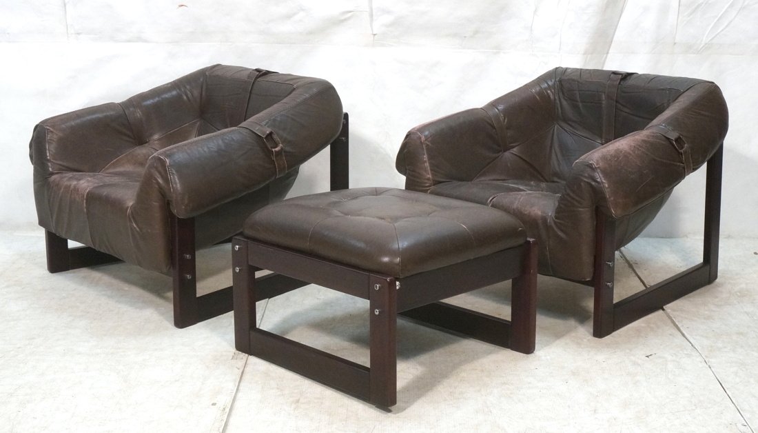 3pc LAFER Brazil Lounge Chairs Ottoman. Rosewood: 3pc LAFER Brazil Lounge Chairs Ottoman. Rosewood frames with brown leather cushions. Ottoman marked.-- Dimensions: H: 27 inches: W: 32 inches: D: 29 inches ---