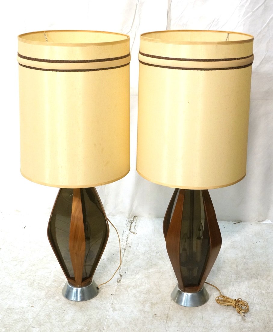 Pr Wood & Smoked Plexiglass Modernist Lamps. Peri: Pr Wood & Smoked Plexiglass Modernist Lamps. Period shades. -- Dimensions: H: 42 inches ---