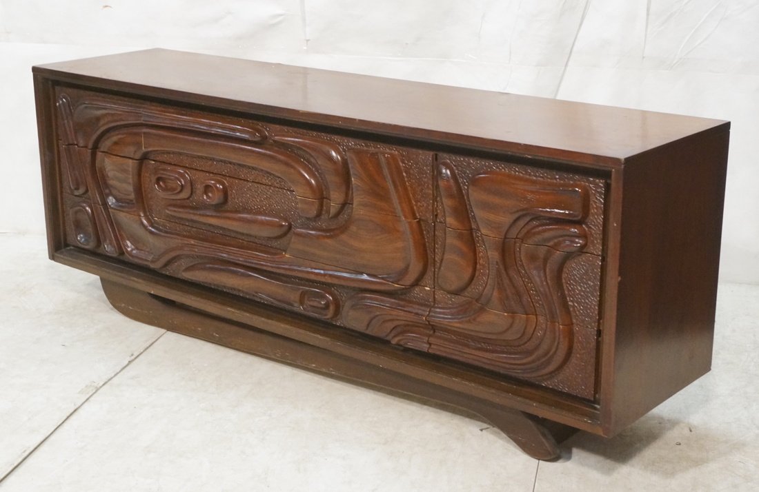 Carved Wood Credenza. Modernist American Modern.: Carved Wood Credenza. Modernist American Modern. Raised on legs. Same model seen in Don Draper's office in MAD MEN TV Show. Next lot matches. -- Dimensions: H: 29.5 inches: W: 78.5 inches: D: 19 inche
