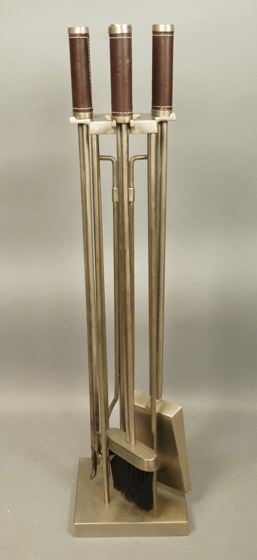 Pr Contemporary Fireplace Tools. Brown leather ha (1 of 6)