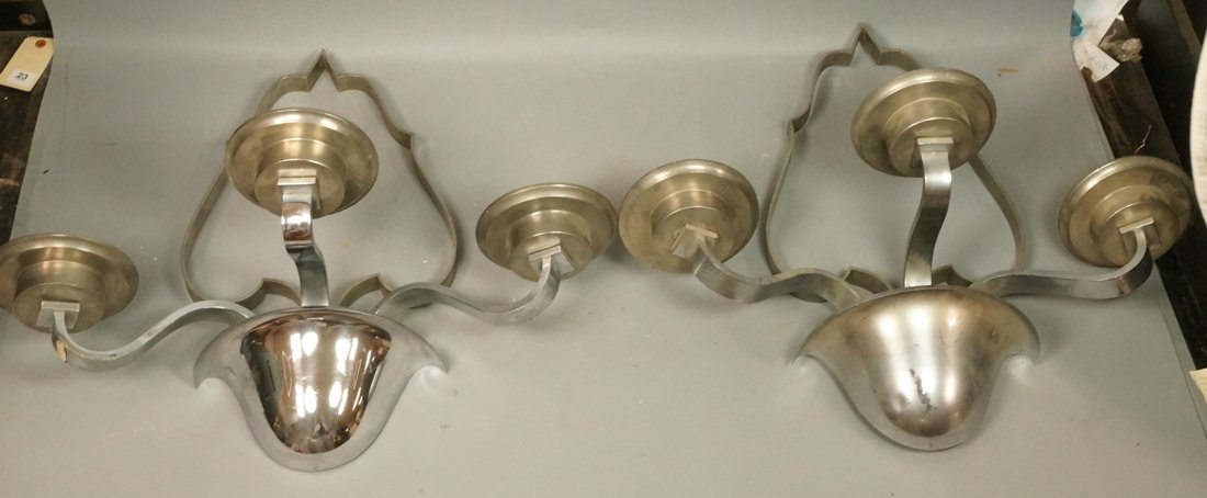 Pr Chrome Three Arm Wall Sconces. Shaped Frame. (1 of 6)
