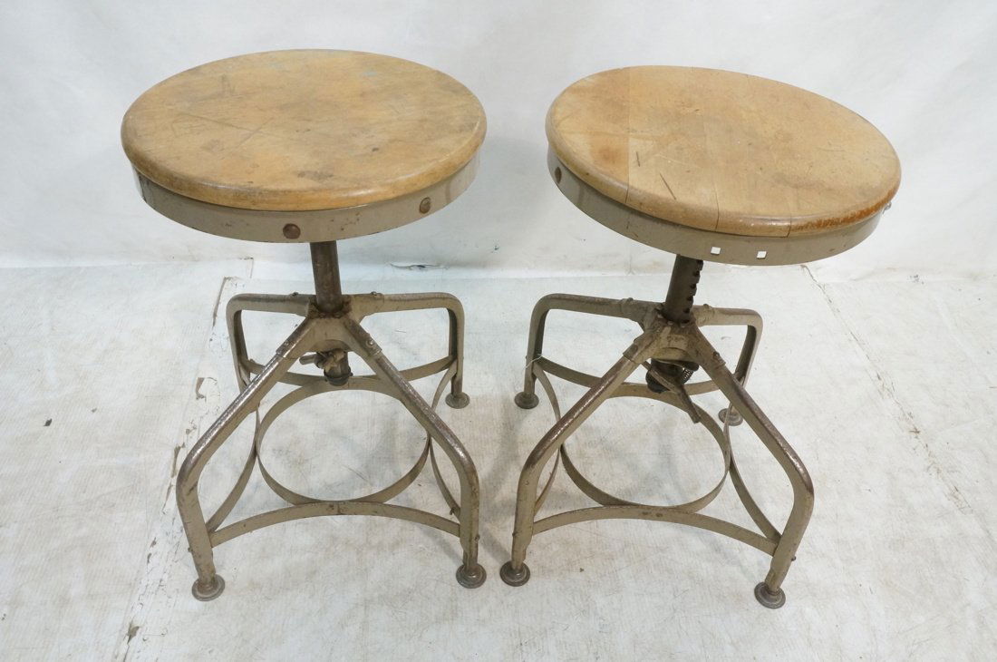 Pair Industrial Iron Stools. Wood Seat. VINTAGE. (1 of 5)