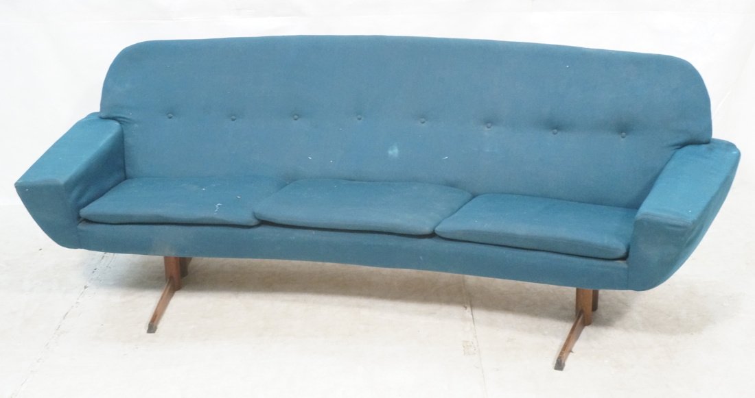 Modernist Sofa Couch. Wood inverted "T" Legs. Low: Modernist Sofa Couch. Wood inverted "T" Legs. Low wide arms with angled silhouette. Curved form. -- Dimensions: H: 29 inches: W: 81 inches: D: 28 inches ---