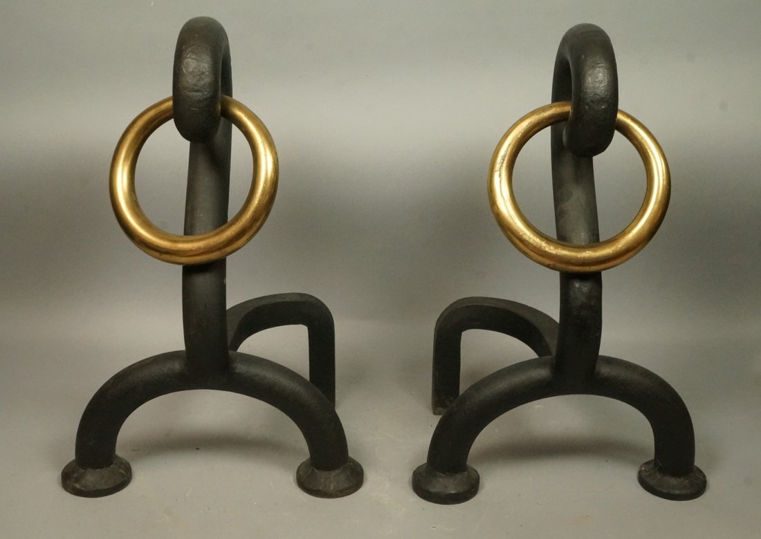 Pr Heavy Iron Modernist Andirons. Black Iron with (1 of 6)