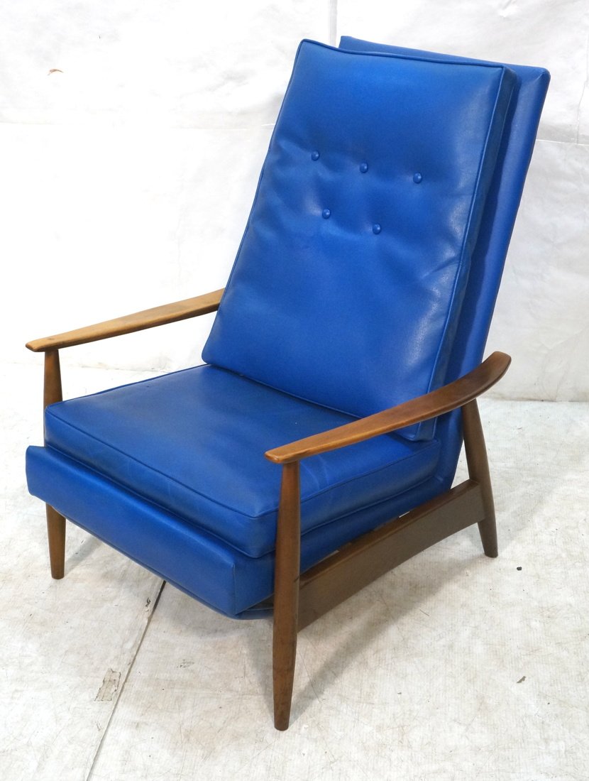 Milo Baughman or James Company Lounge Chair. Blu: Milo Baughman or James Company Lounge Chair. Blue Vinyl Upholstery.-- Dimensions: H: 39.5 inches: W: 28.25 inches: D: 33 inches ---