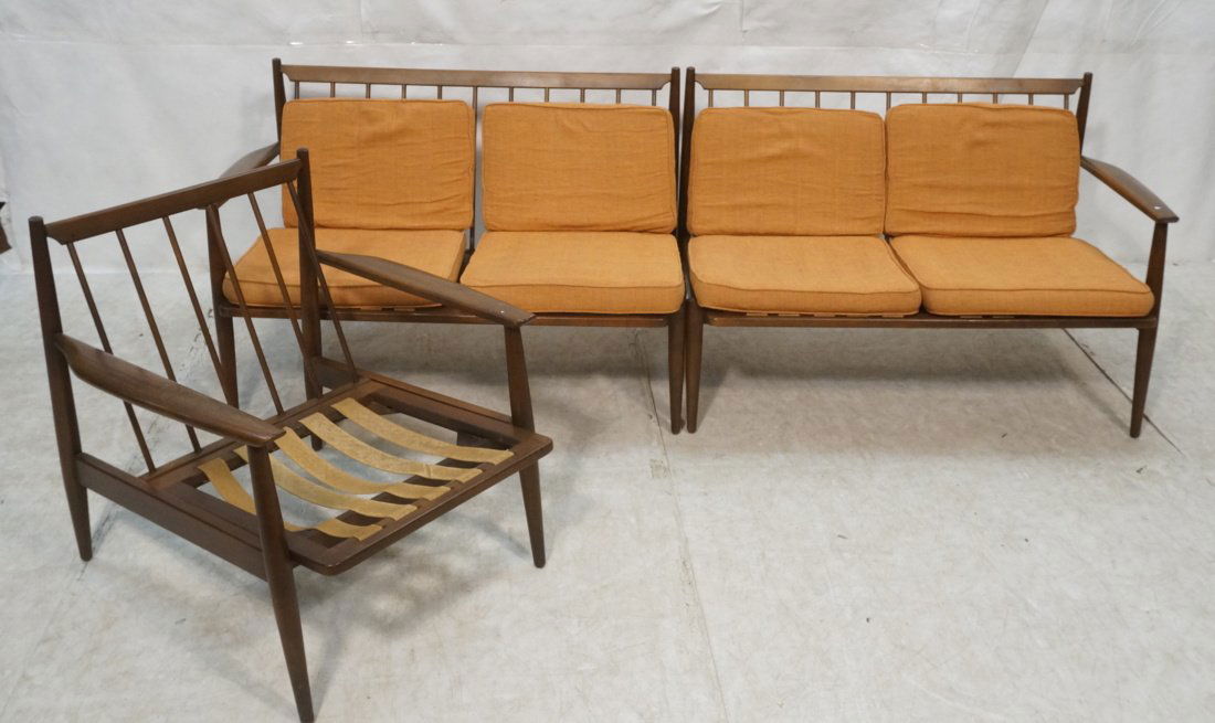 3pc Danish Spindle Back Seating Set. Pr Love Seat: 3pc Danish Spindle Back Seating Set. Pr Love Seats Settees; each with one arm. One Lounge Arm Chair. Orange fabric cushions. -- Dimensions: H: 30 inches: W: 46 inches: D: 28 inches ---