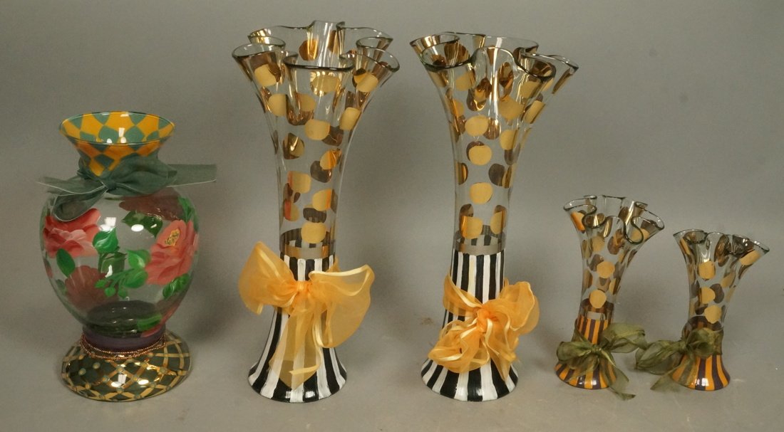 5pc MACKENZIE CHILDS Glass Vase Lot. Four bold go (1 of 7)