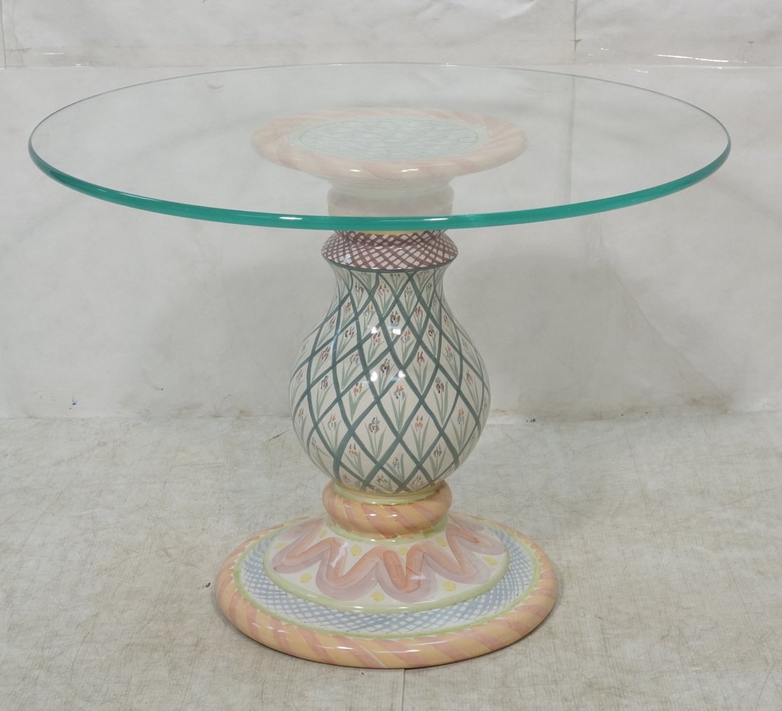 MACKENZIE CHILDS Carousel Pedestal Table. Hand pa: MACKENZIE CHILDS Carousel Pedestal Table. Hand painted ceramic pedestal. Round glass top. Table base Alone retails for $1495. From their web site: "Set a foundation for fun, stylish dining with our ha