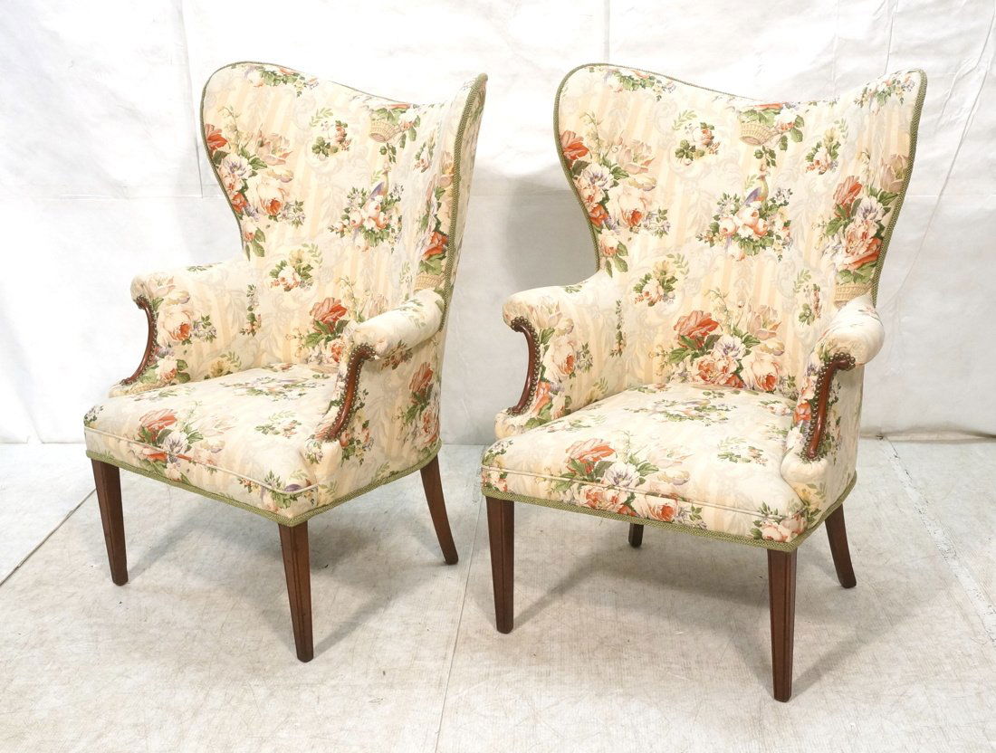 Pr Upholstered Wing Chairs. Floral fabric. Wood l (1 of 8)