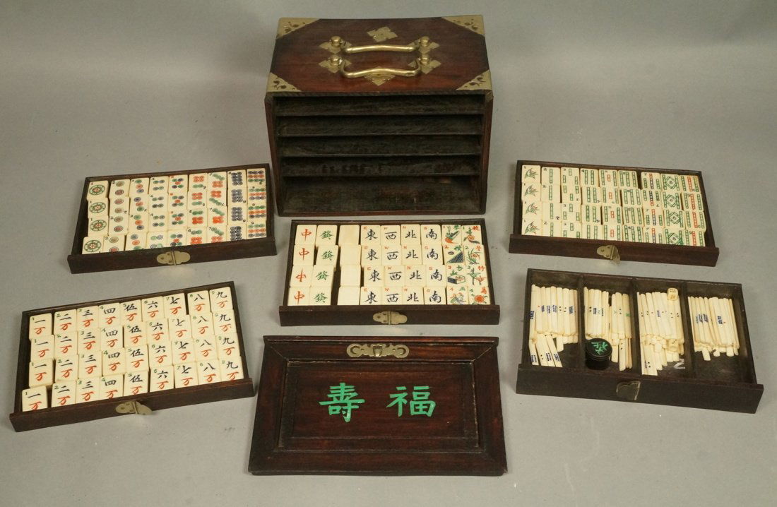 Mah Jongg Tile Set In Dark Wood Box Case. Five in (1 of 9)