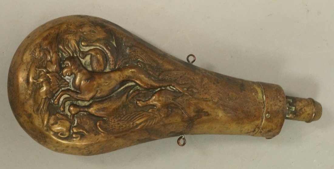 Brass Powder Flask. Embossed Hunting Dog Motif. (1 of 6)