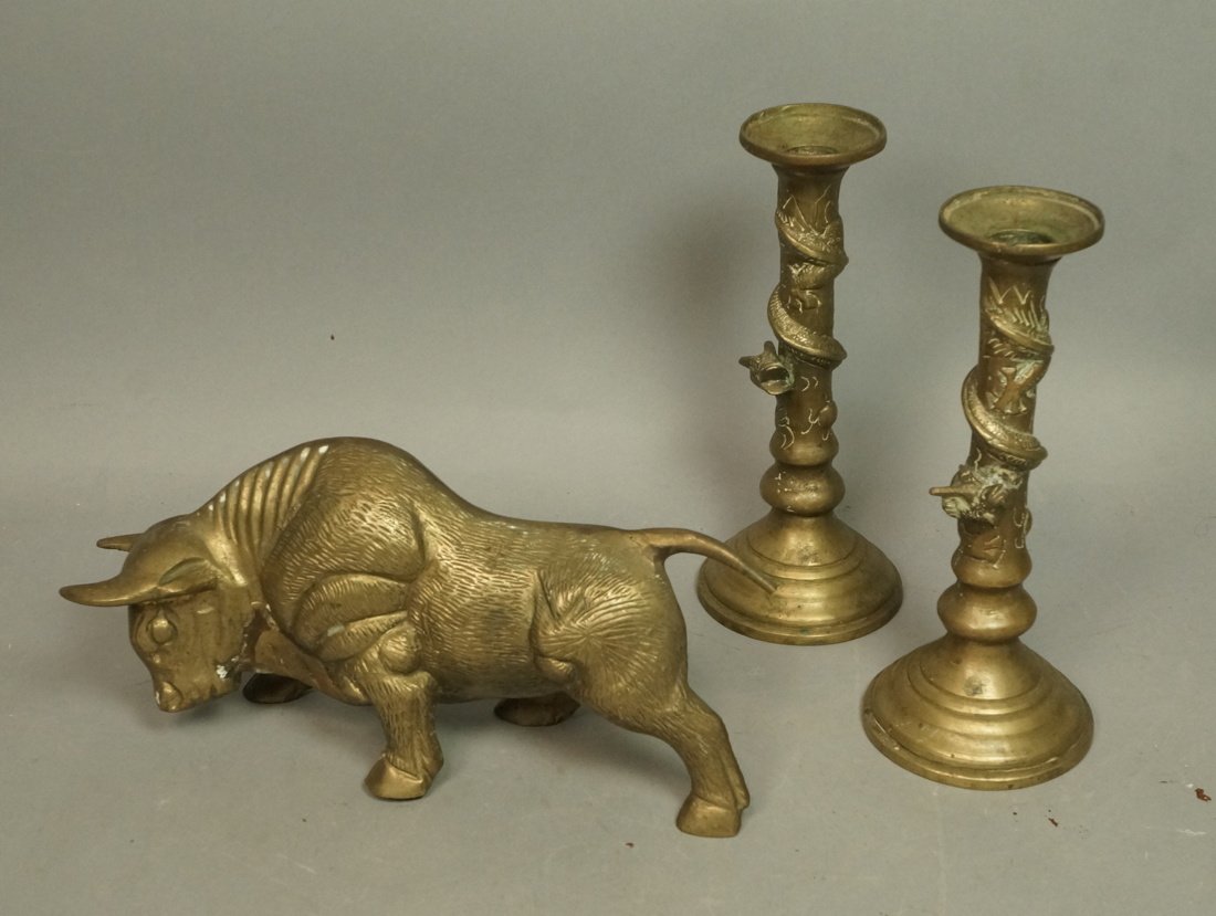 3pc Brass Lot. Brass Bull. Pr Brass Column Candle (1 of 8)