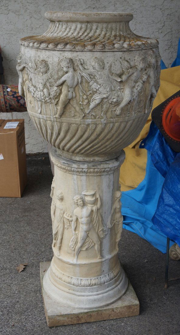 Large Cement Planter on Pedestal with figural che (1 of 8)