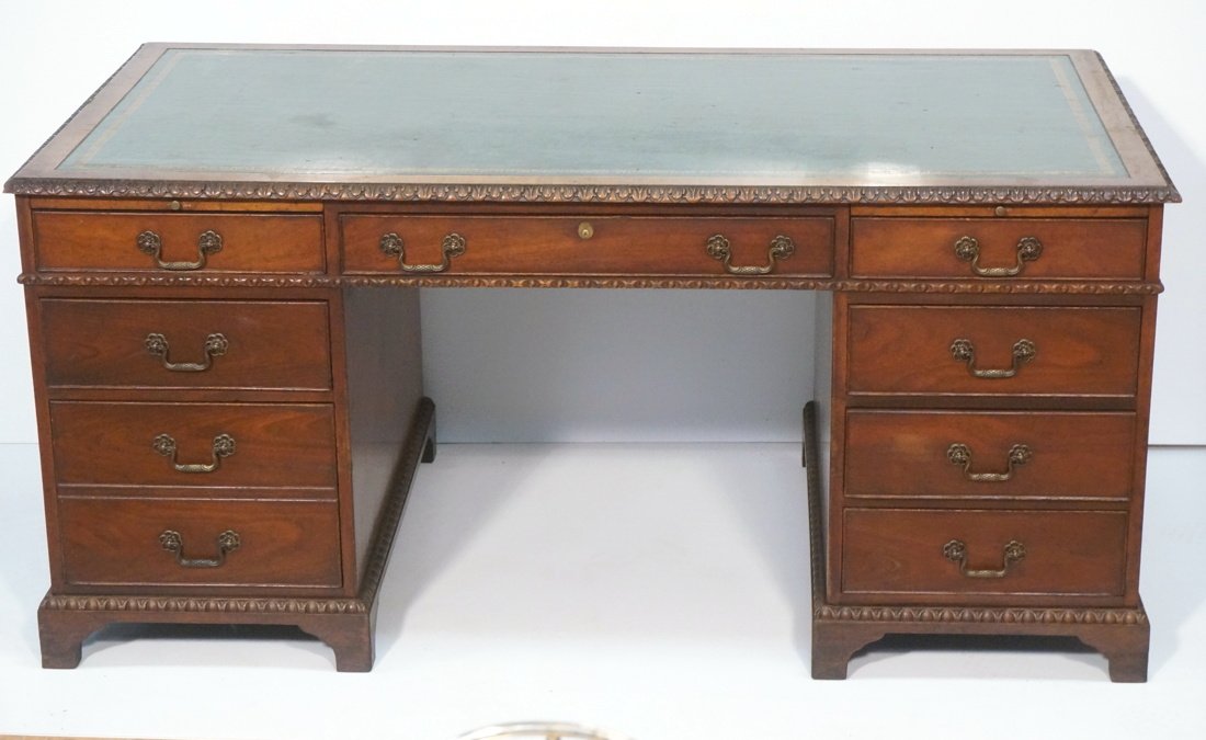 Large Mahogany leather top Executive desk. Green (1 of 9)