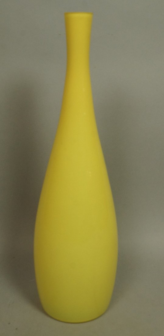 KASTRUP Denmark Cased Art Glass Bottle Vase. Brig: KASTRUP Denmark Cased Art Glass Bottle Vase. Bright Yellow. Paper Kastrup label and original Raymor Paper tag. -- Dimensions: H: 17 inches: W: 5 inches: D: 5 inches --- US Shipping charge: $35